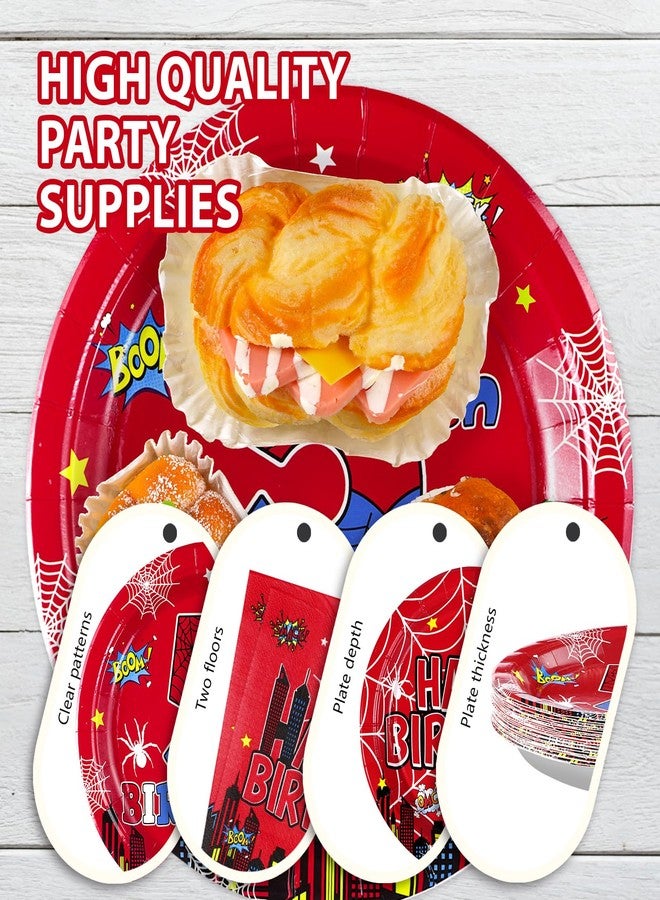 Grencian 96Pcs Cartoon Spider Birthday Party Decorations Red Blue Spider 5th Birthday Party Plates Disposable Super Theme Paper Tableware Set for Spider Kids 5 Year Old Supplies, Serves 24 - Image 4